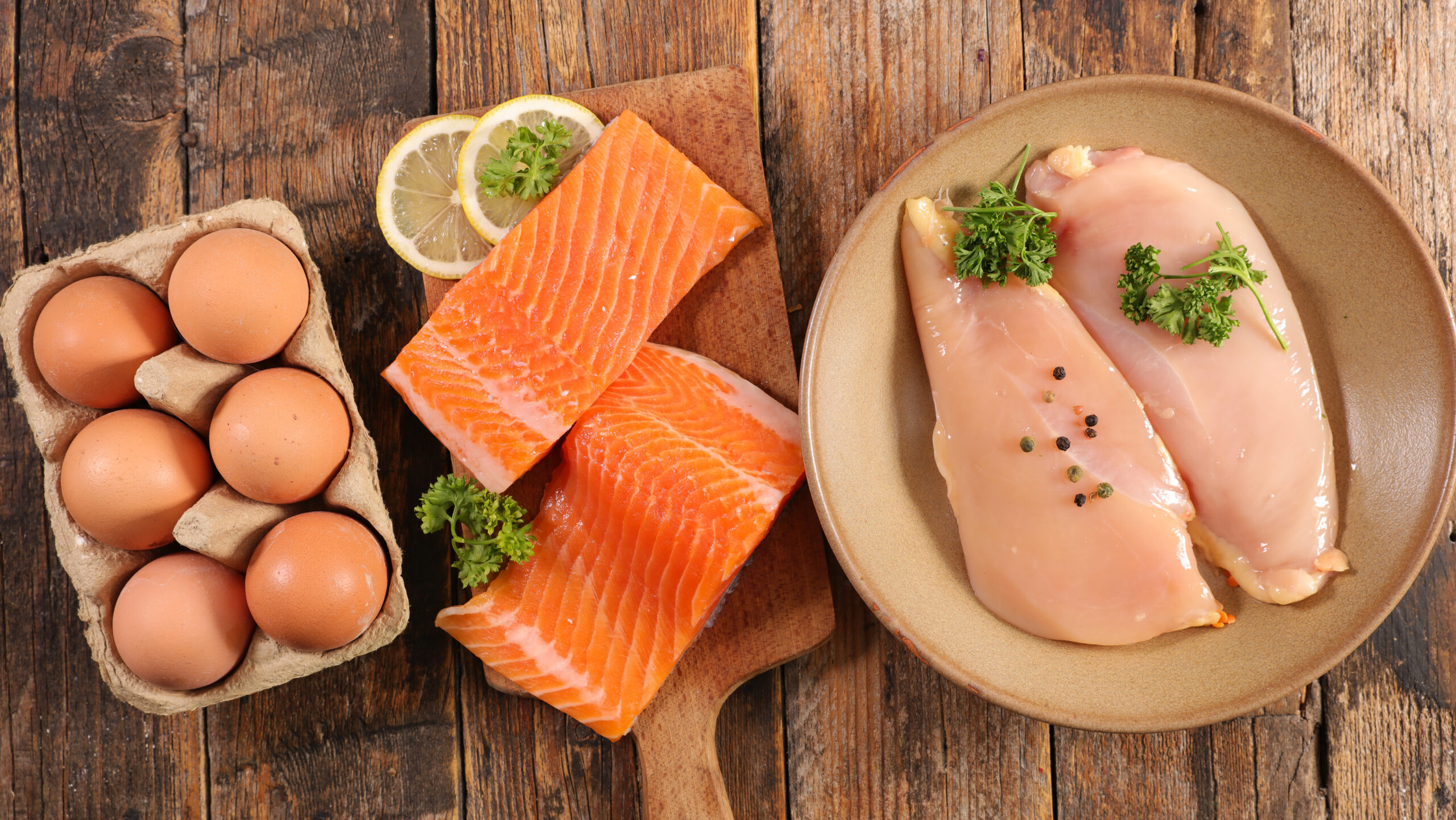 protein food with fish, meat and egg