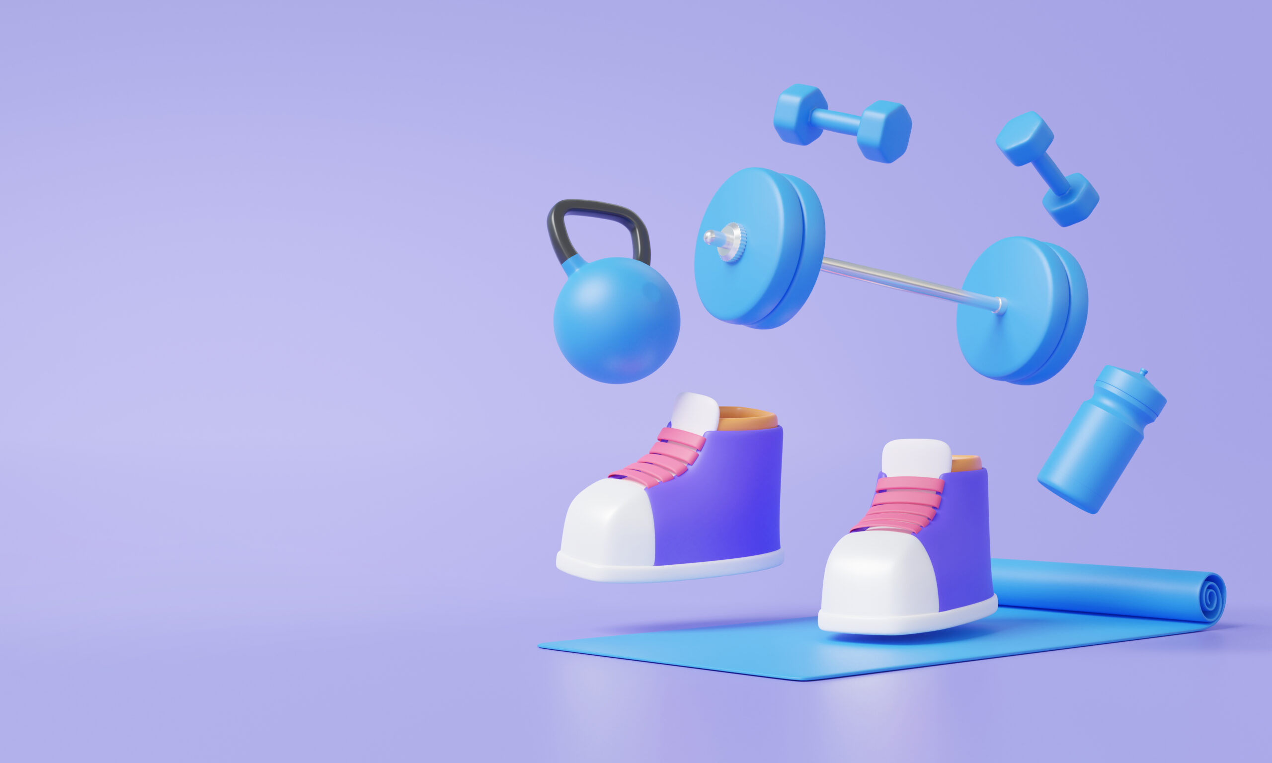 3D render shoes with set fitness exercise tool sport healthy concept. floating on pastel background. equipment, dumbbell, yoga mat, mineral water, health care, minimal cartoon, element, illustration