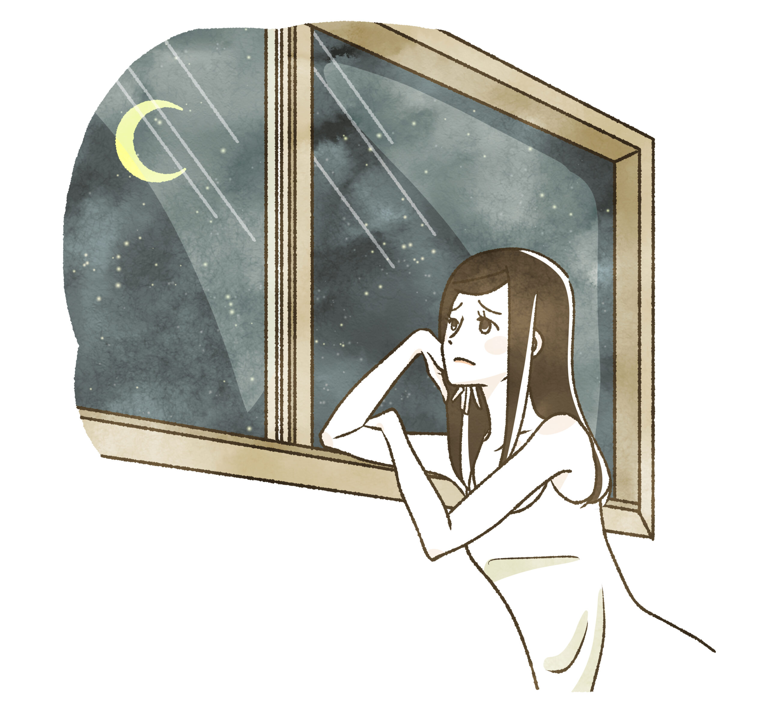 夜に窓の外を眺める女性