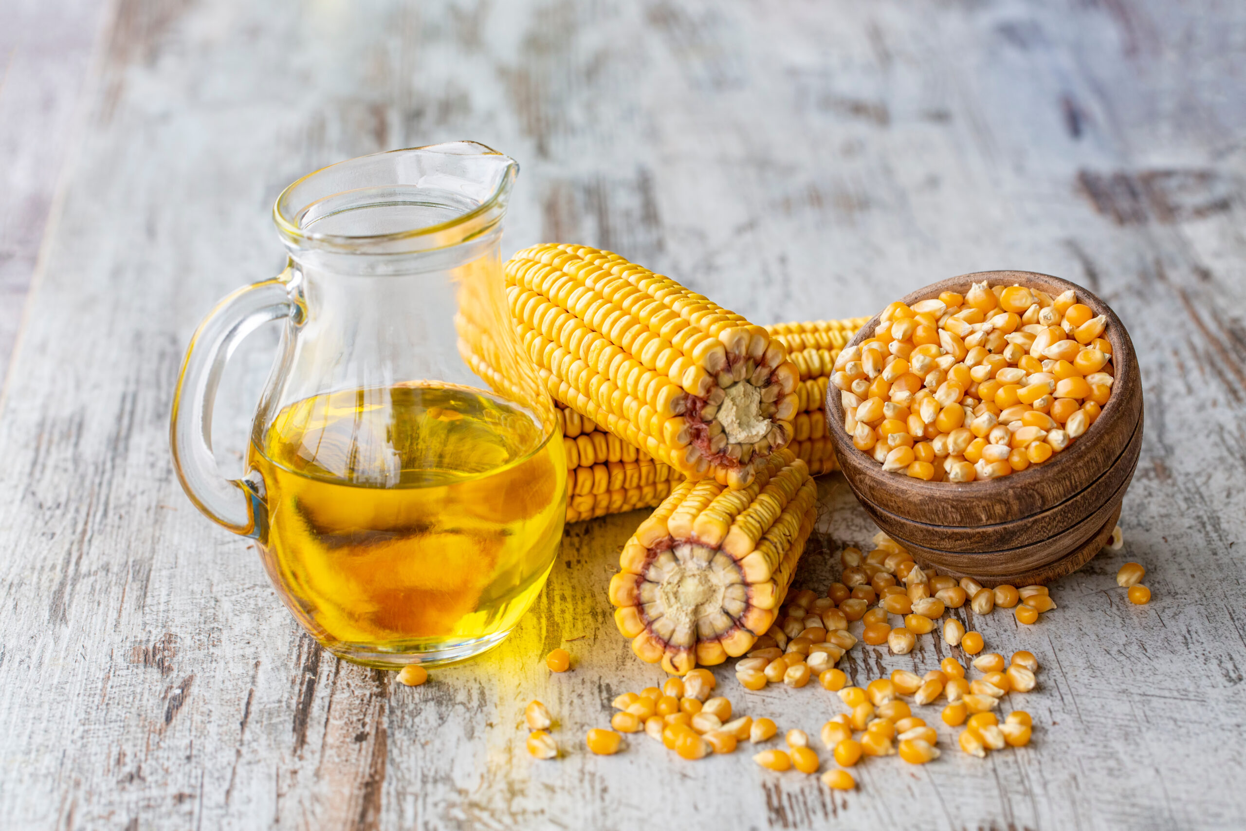 Corn essential oil bottle, corn groats, dry seeds and corncobs