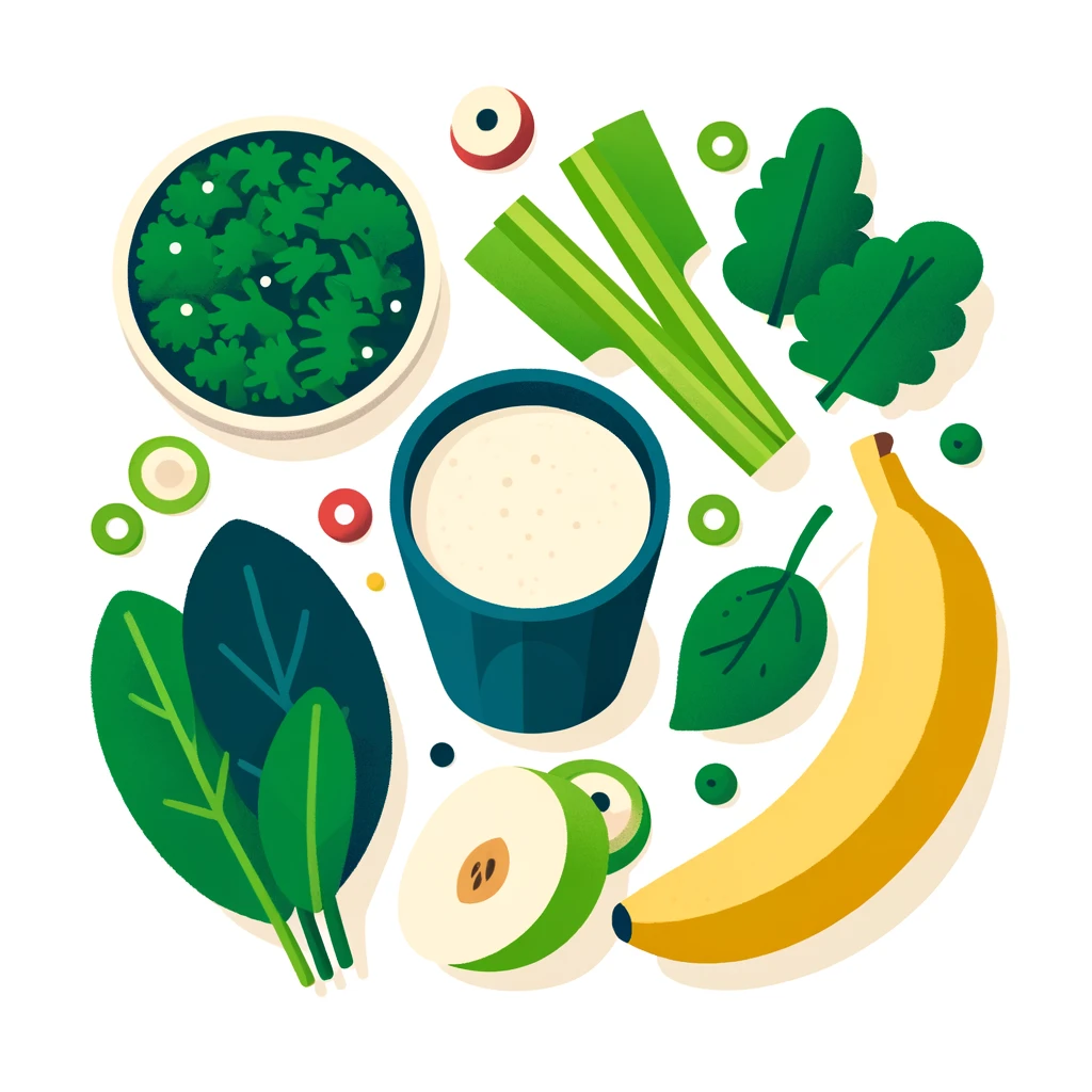 DALL·E-2024-04-14-00.04.06-A-simple-flat-illustration-showing-the-preparation-of-a-vegetable-packed-smoothie.-Include-ingredients-like-torn-kale-spinach-sliced-celery-choppe