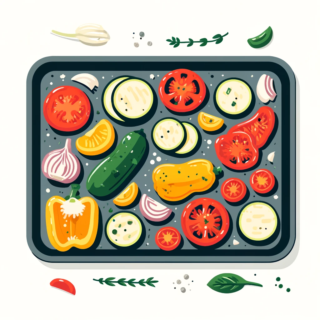 DALL·E-2024-04-14-00.04.09-A-simple-flat-illustration-of-roasted-vegetables-on-a-baking-sheet.-Include-zucchini-slices-diced-bell-peppers-in-red-yellow-and-orange-wedged-on