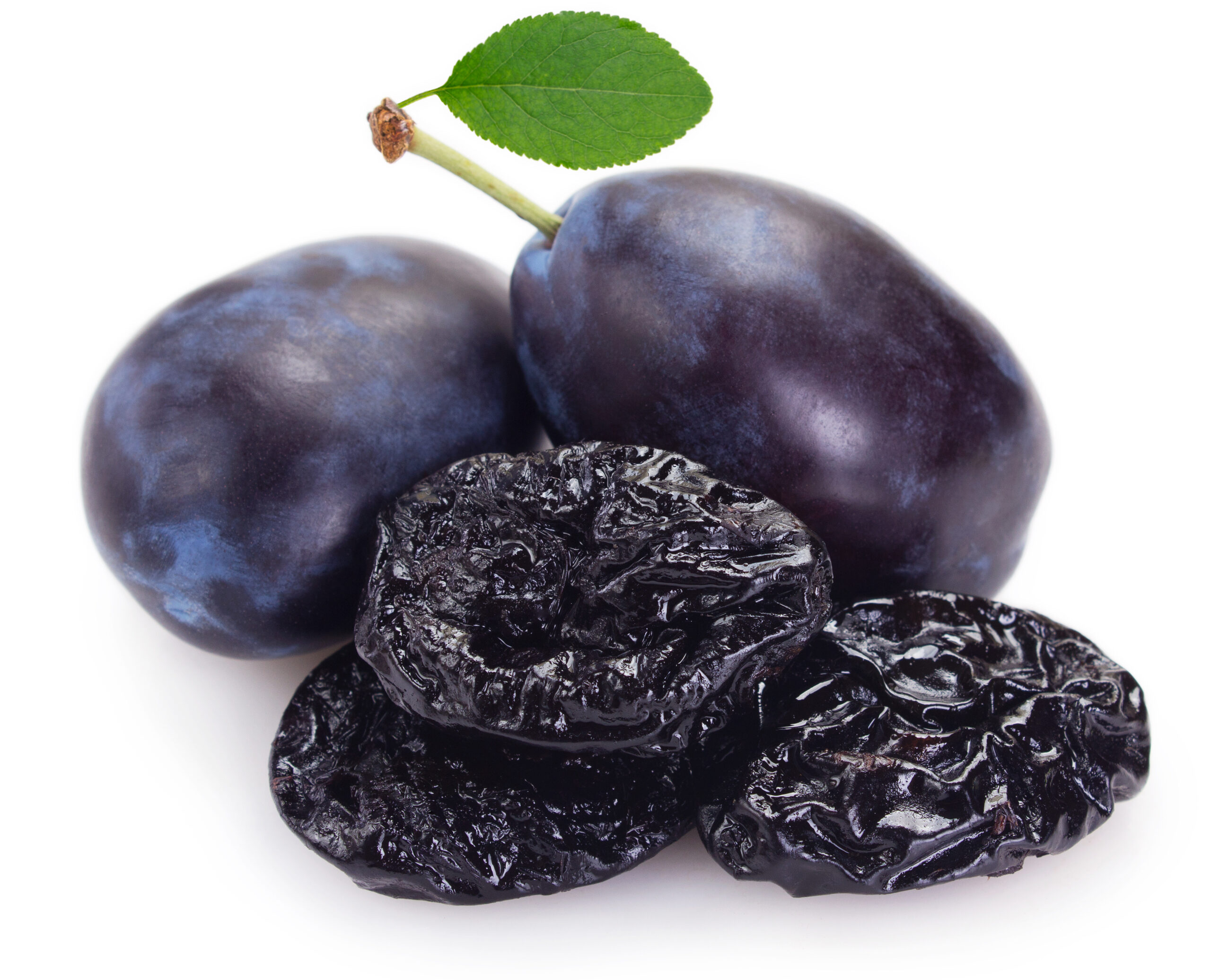 Fresh plums with prunes on white background